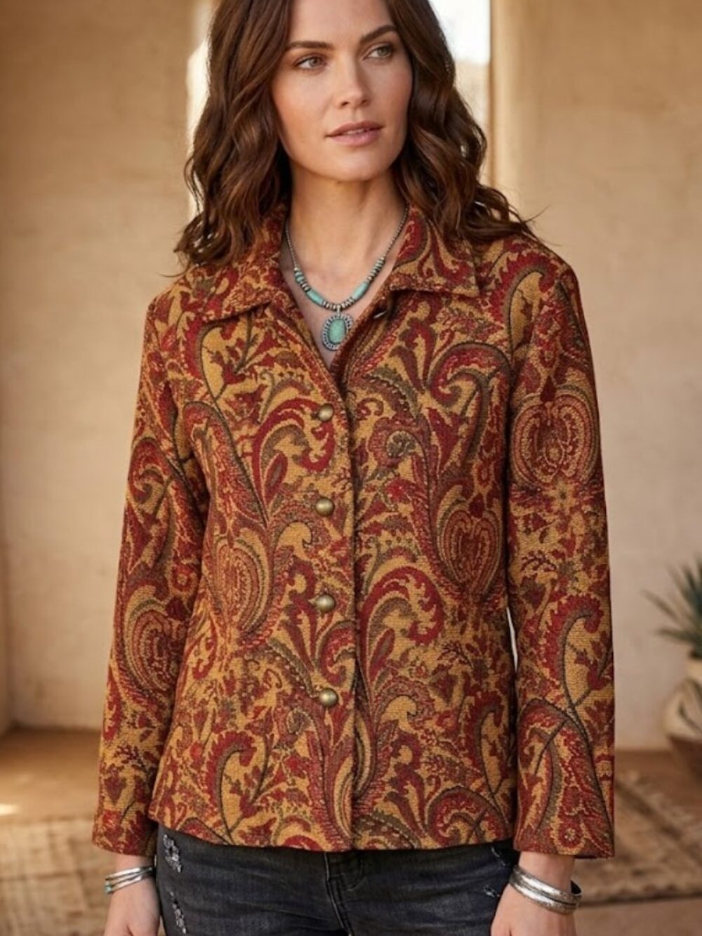 Vintage Tapestry Jacket Blazer Rayon Paisley Bohemian Western Retro size S Boho